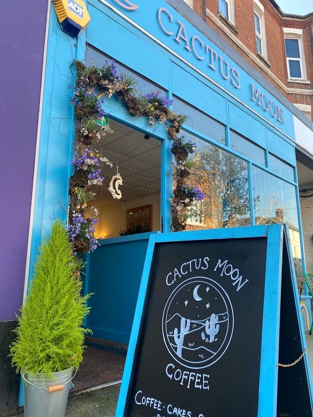 The turquoise front of Cactus Moon Coffee with flowers around the door and a chalkboard sign with the moon logo